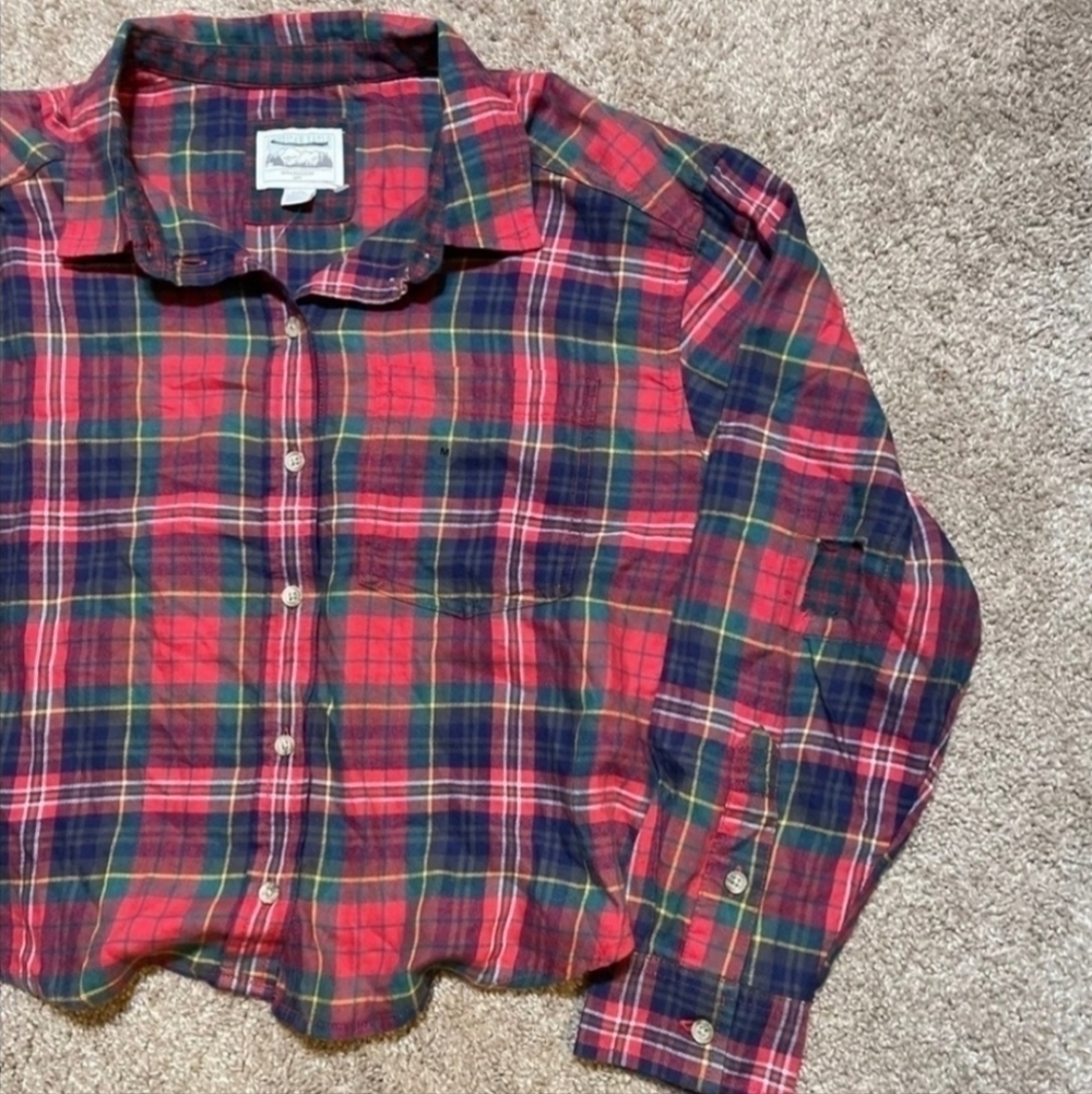 American Eagle AEO Cozy Cabin Cropped Patched Flannel Shirt Red Women's Small S - Picture 8 of 14